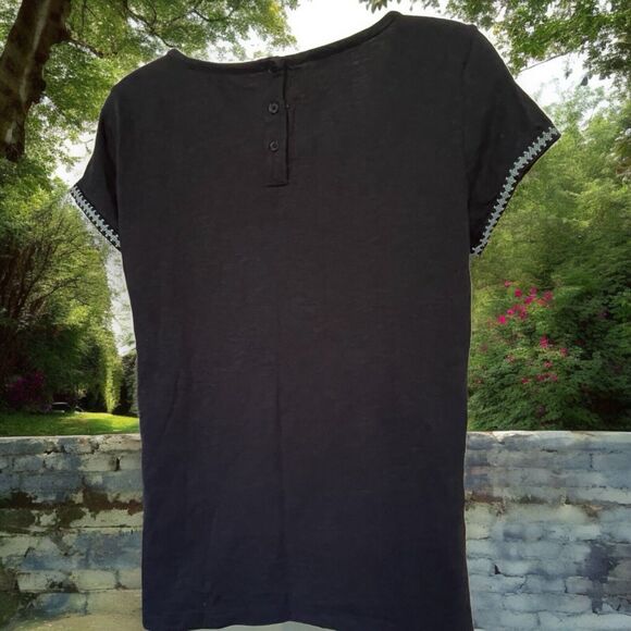 TALBOTS TOP Womens Size S Petite Short Sleeve Navy Cross stitch Cotton Tee - Picture 5 of 8